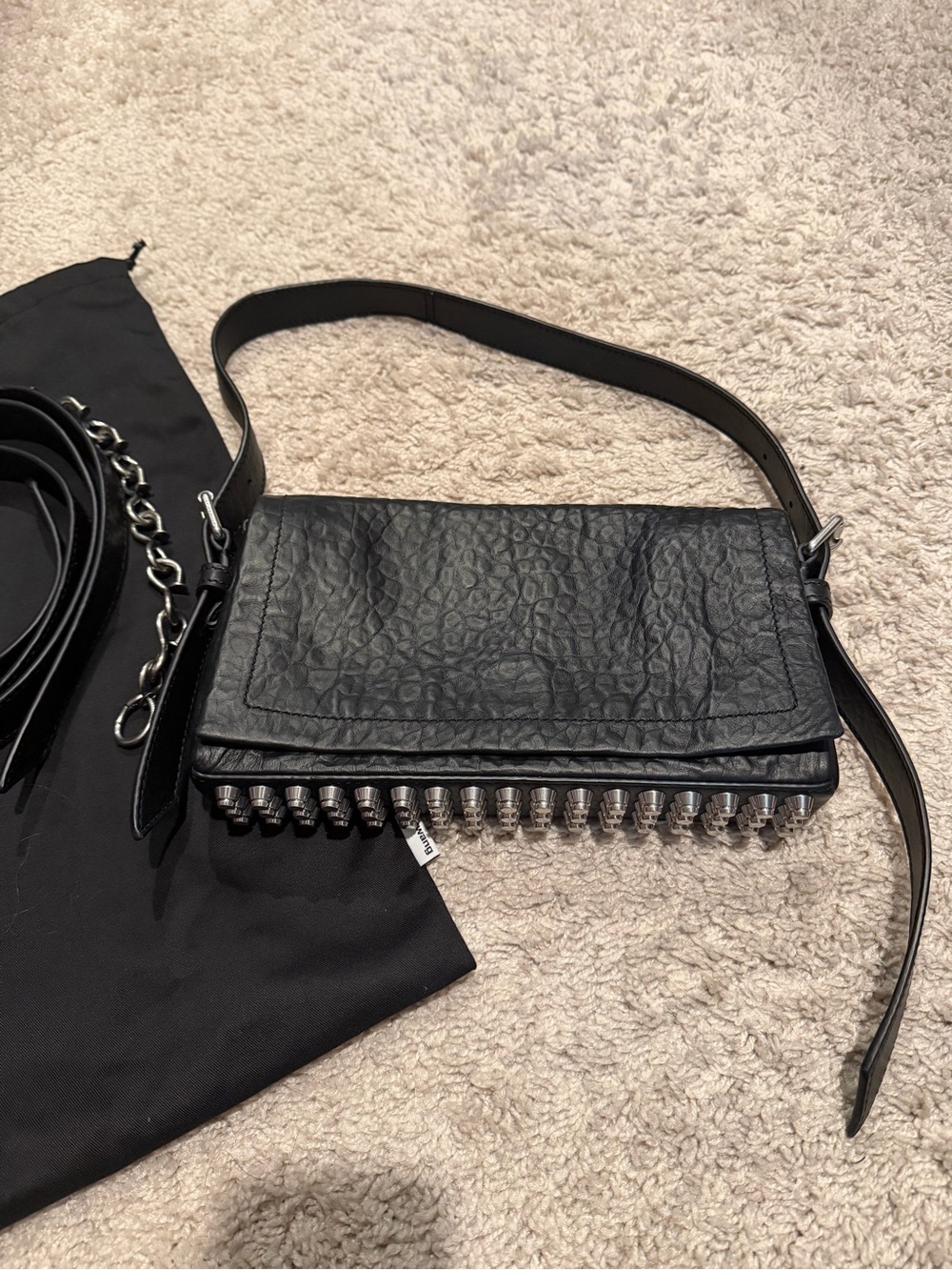 Alexander Wang Black Leather Shoulder Bag with Silver Stud Fringe